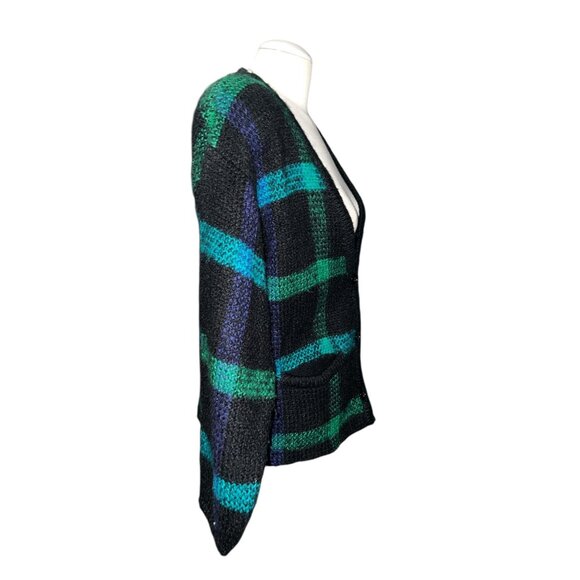 Vintage TJW By Mervyns Black & Green Plaid Knit Cardigan Sweater Size Large Pock - Picture 6 of 16